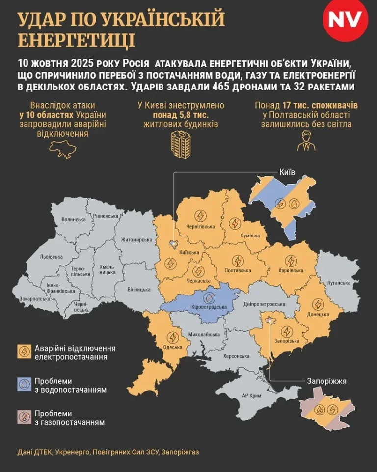 Карта України з аварійними відключеннями електроенергії в Донецькій, Сумській та Запорізькій областях