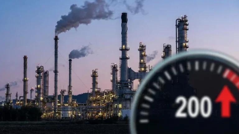 Нафтопереробний завод із покажчиком ціни на нафту $200 і стрілкою зростання