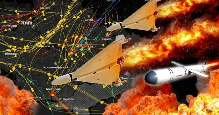 Російські крилаті ракети над картою України під час масованих обстрілів