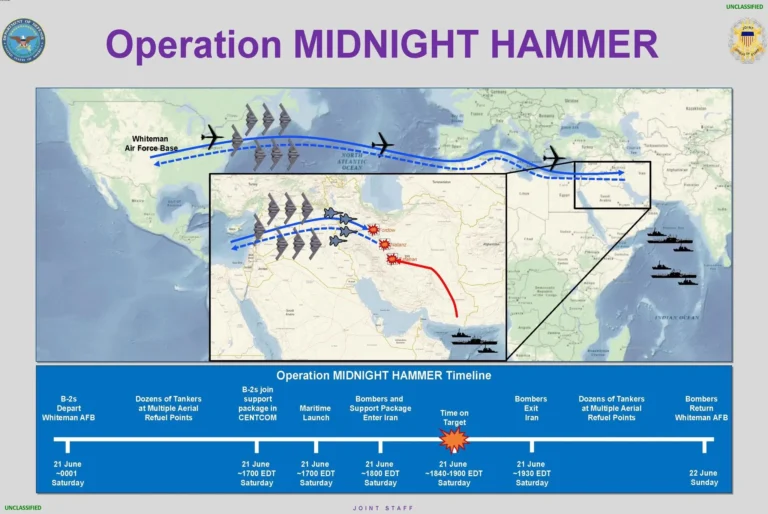Схема операції MIDNIGHT HAMMER США та Ізраїлю з іранським ядерним ураном на карті з timeline