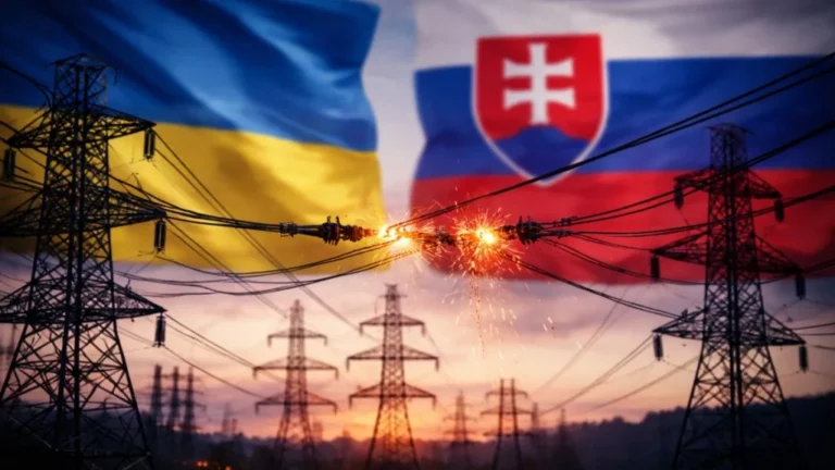 Прапори України та Словаччини на електроопорах з іскрами, символ енергодопомоги Укренерго.