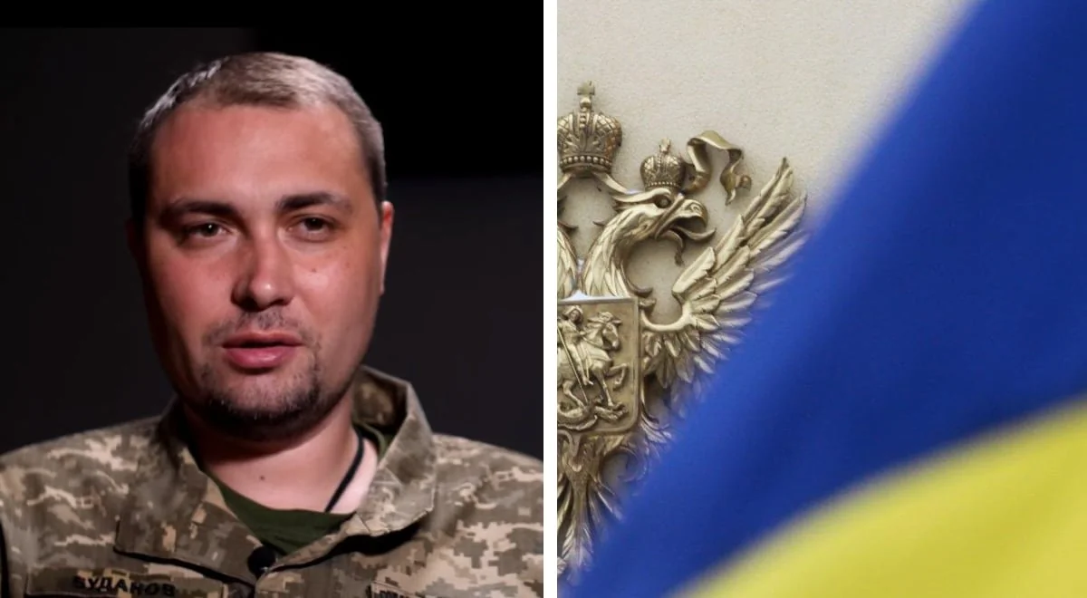 Кирило Буданов у формі на тлі герба РФ та прапора України