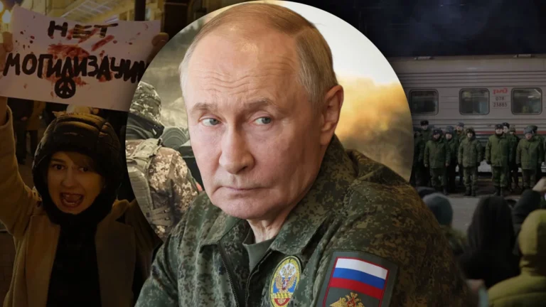 Володимир Путін у камуфляжі на тлі протестів проти мобілізації в Росії
