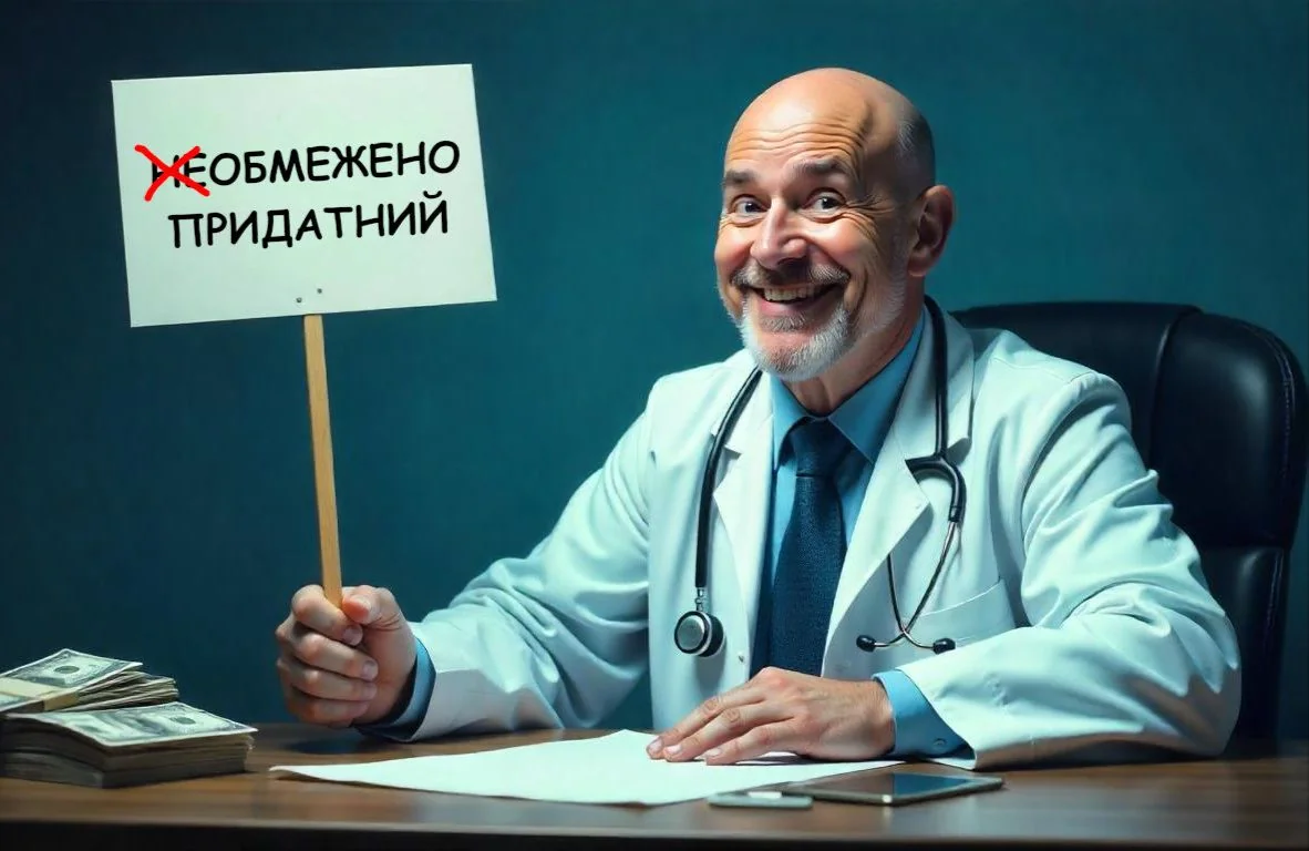 Врач ВЛК держит табличку «НЕ ПРИДАТЕН» и пачку долларов за взятки.