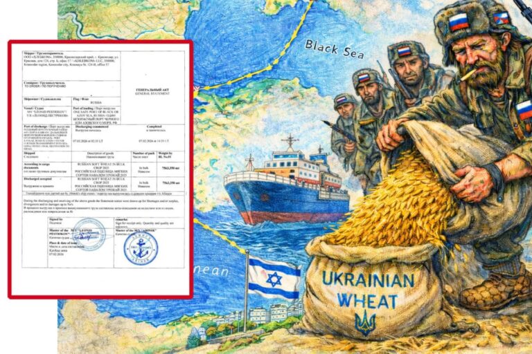 Російські окупанти висипають крадене українське зерно на балкер під ізраїльським прапором.