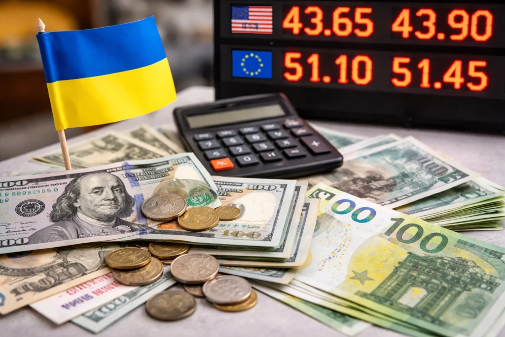 Курси валют 15 квітня: долари США 43.65-43.90 грн, євро 51.10-51.45 грн з купюрами та прапорами.