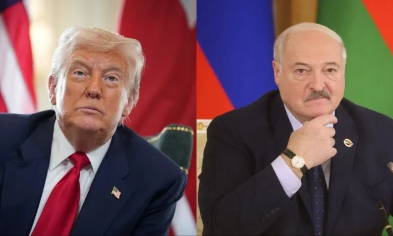Олександр Лукашенко та Дональд Трамп на тлі прапорів Білорусі й США