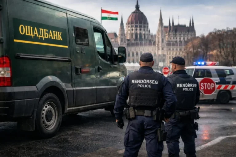 Угорські поліцейські біля фургона Ощадбанку перед парламентом у справі інкасаторів