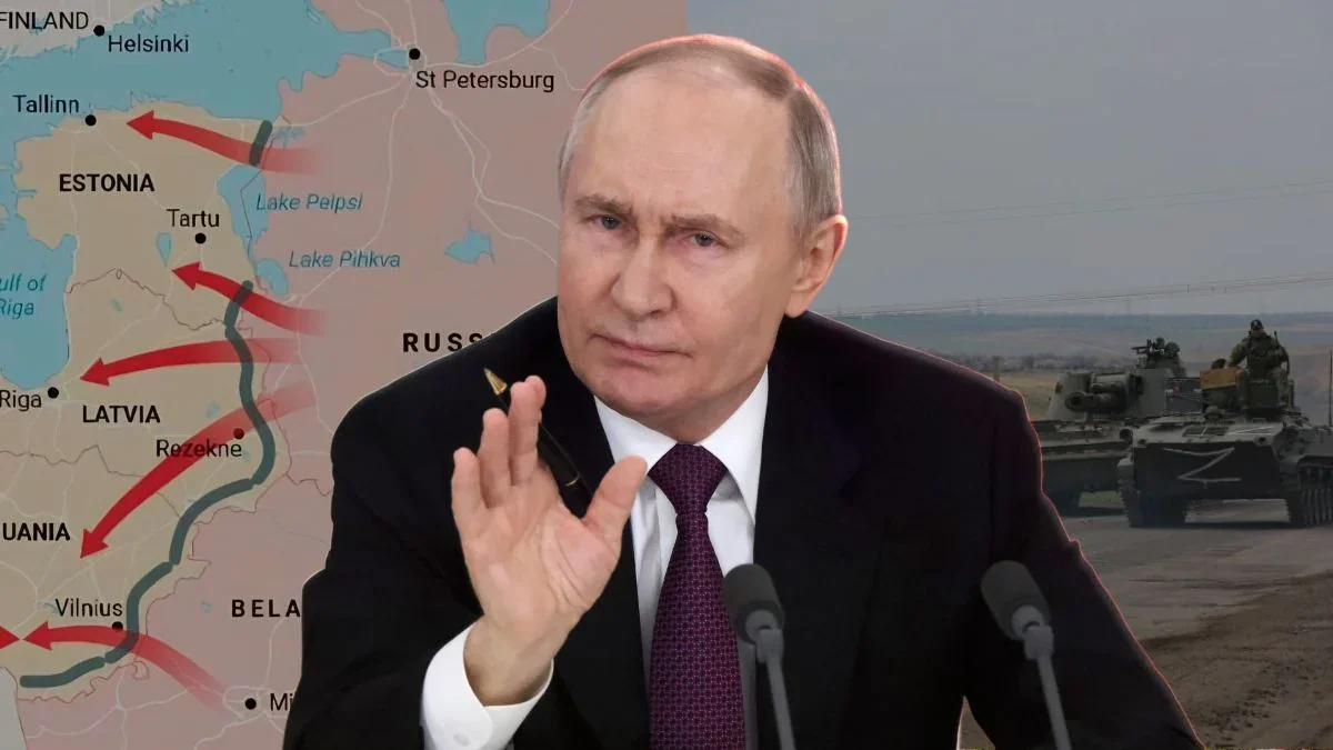 Владимир Путин выступает на фоне карты наступления на Балтию с красными стрелками и танками
