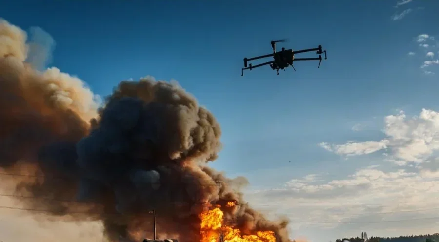Российский FPV-дрон над палающей грузовиком после удара по Никополю