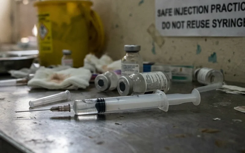 Використані шприци та флакони в пакистанській лікарні THQ Taunsa Sharif з написом DO NOT REUSE SYRINGE