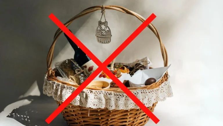 Великодній кошик із забороненими продуктами, позначеними червоними хрестиками