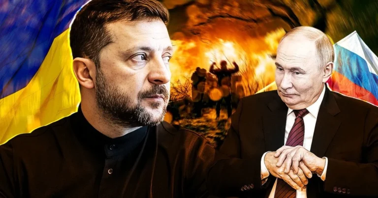 Зеленський дивиться на Путіна, що ховається в тунелі з вогнем і силуетами