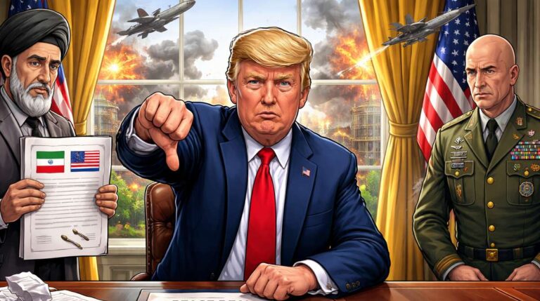 Трамп відмовляє подовжити перемиря з Іраном, показуючи палець вниз з прапорами на тлі війни
