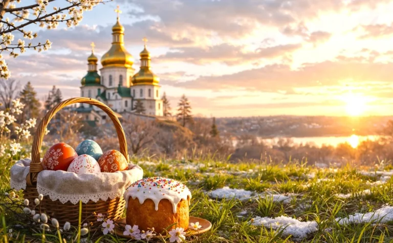 Великодній кошик з писанками та паскою на снігу перед Києво-Печерською лаврою під час заморозків