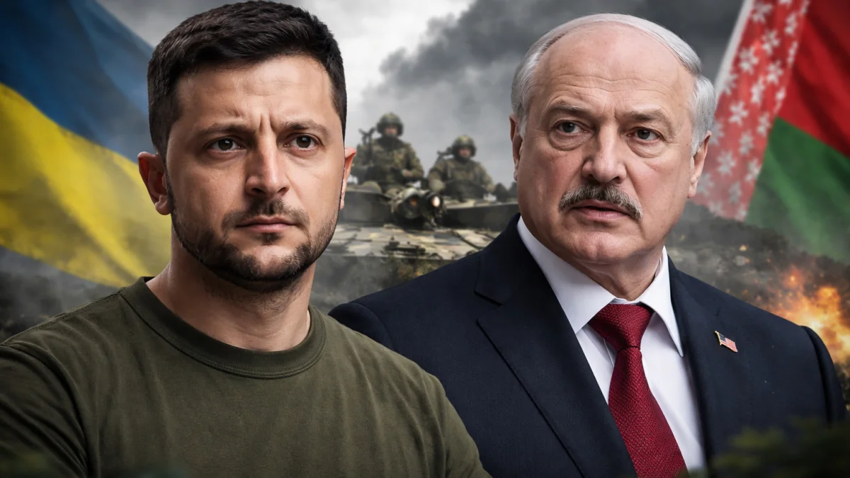 Зеленський і Лукашенко на тлі російських танків, символізуючи ризики втягнення Білорусі у війну
