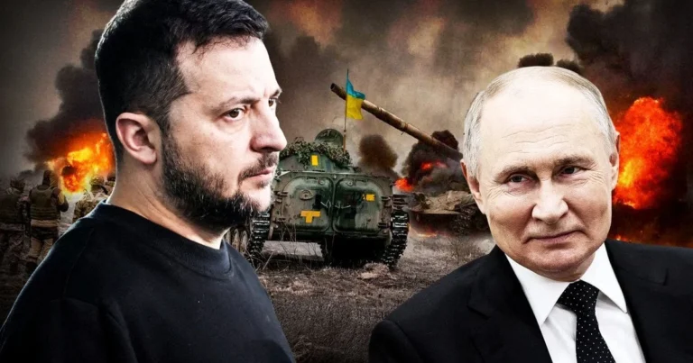 Зеленський і Путін на тлі танка та фронтових боїв напередодні наступу 2026-го.