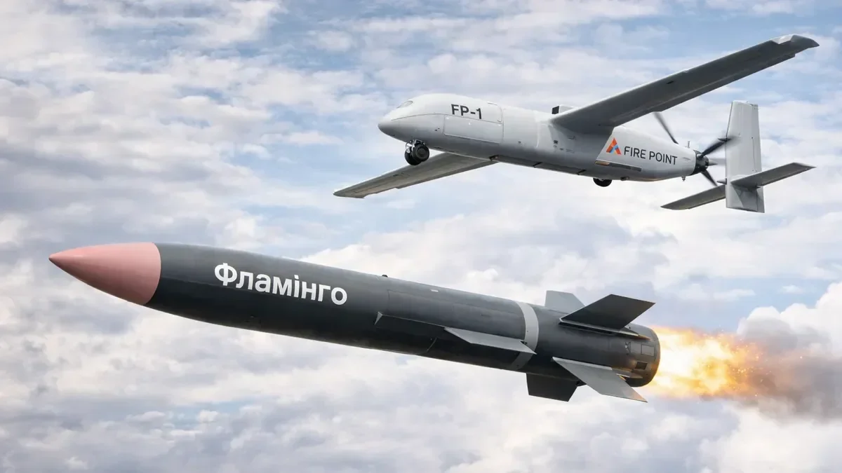 Ракета «Фламинго» 19-й бригады ВСУ с дроном FP-4 Fire Point в полёте