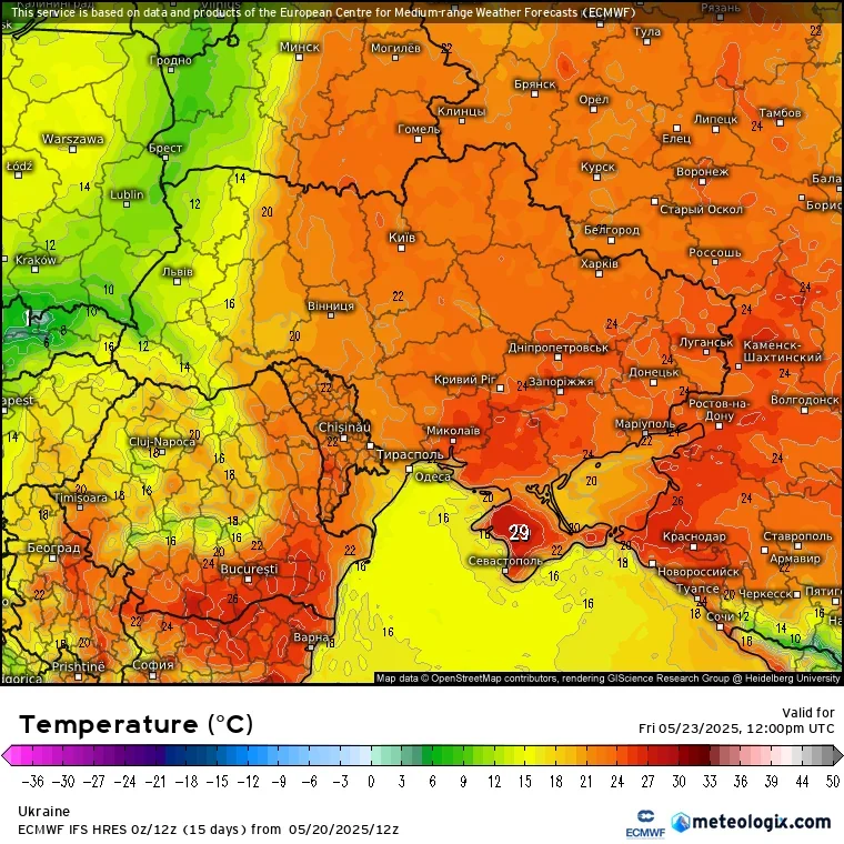 Карта прогнозу аномального тепла +26°C в Україні від ECMWF