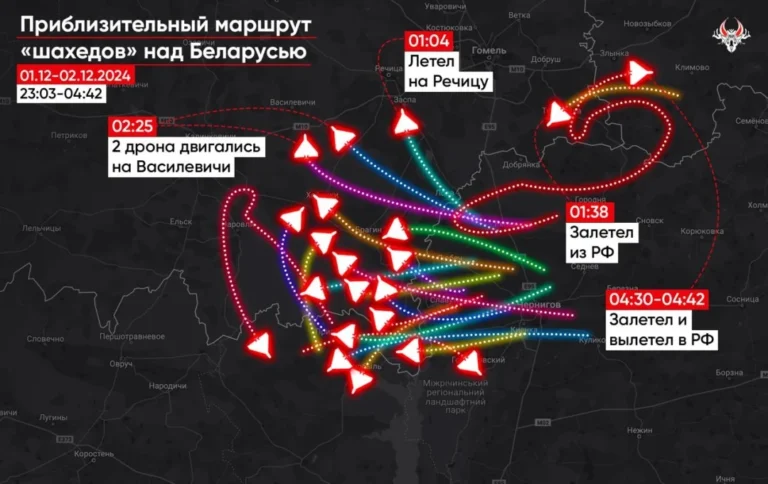 Беларусь обвиняет Украину в атаках дронов: провокация или подготовка к вторжению? Карта маршрутов дронов над Беларусью с отметками времени и направлений из РФ
