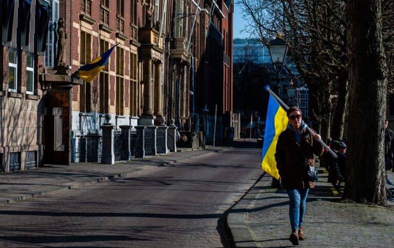 Українська біженка несе прапор вулицею в Нідерландах серед національних символів
