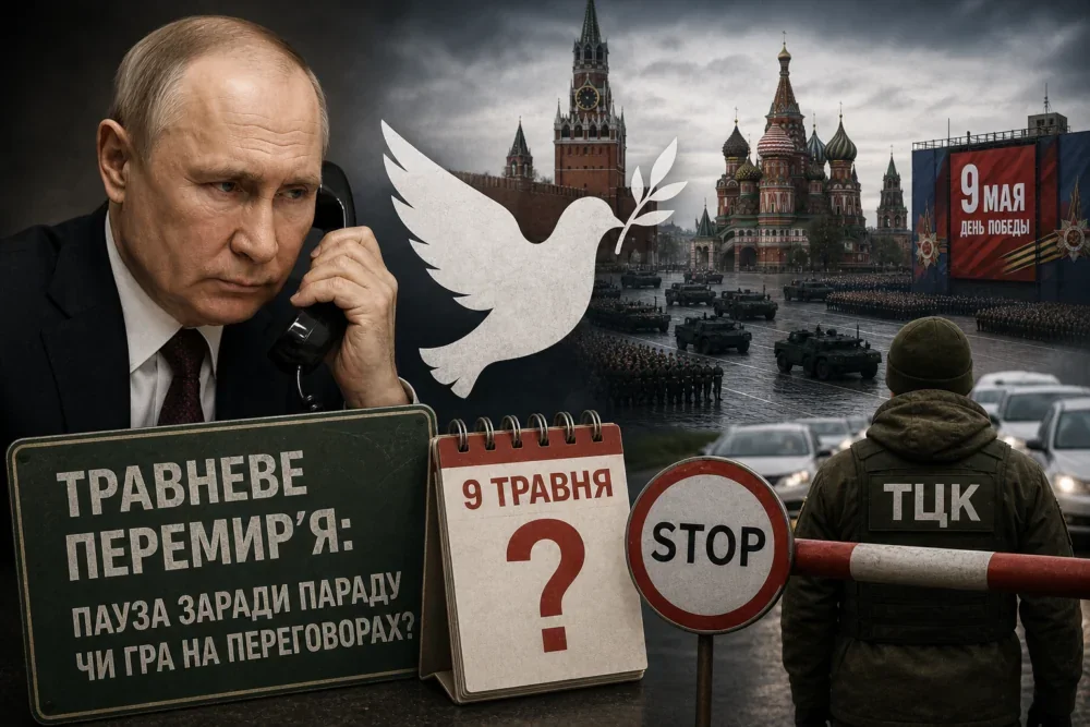 Путін дзвонить з голубом миру на тлі Кремля, танків та плакату «Травневе перемиря: захист чи накопичення?» 9 травня