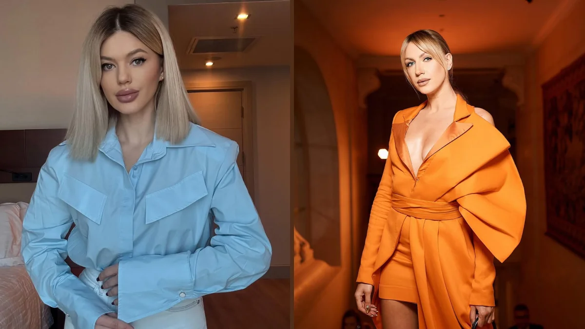 Олена Філонова в блакитному костюмі та Леся Нікітюк в оранжевій сукні