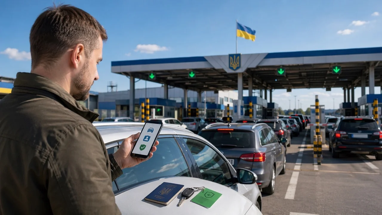 Водій перевіряє «єЧергу» на смартфоні біля авто з «Зеленою карткою» на пункті пропуску.