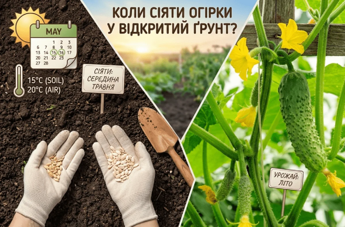 Терміни посіву огірків у відкритий ґрунт 2026: травень при 15°C ґрунту та 20°C повітря