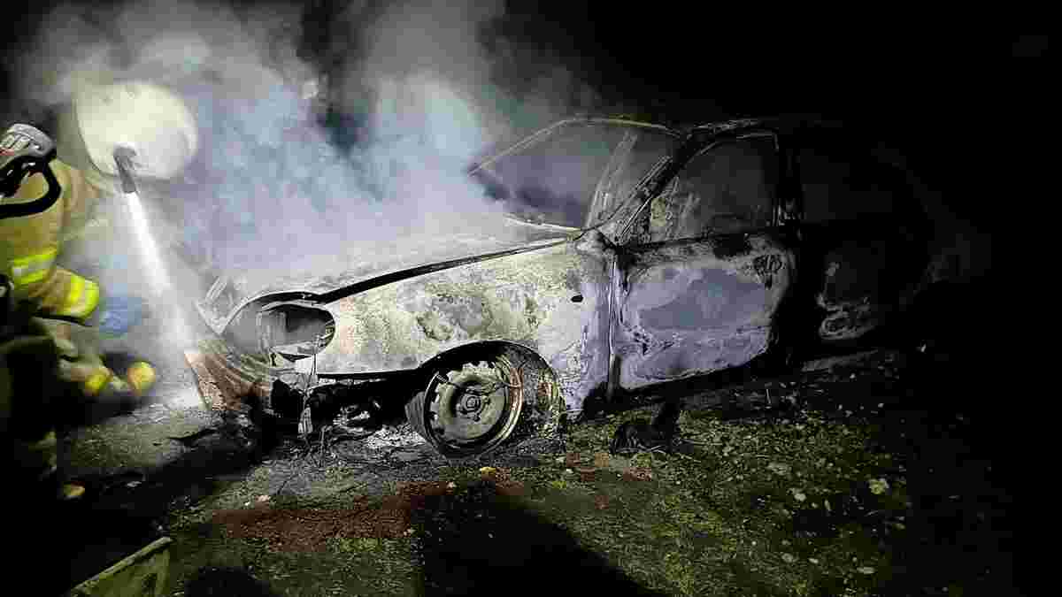 Пожежники гасять згорілий Daewoo Lanos на Львівщині