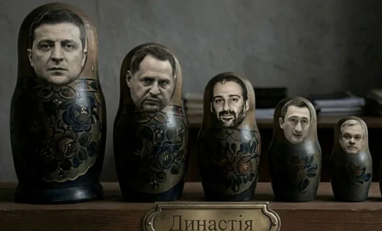 Матрёшки с портретами Ермака, Чернышова и Миндича с табличкой «Династия»
