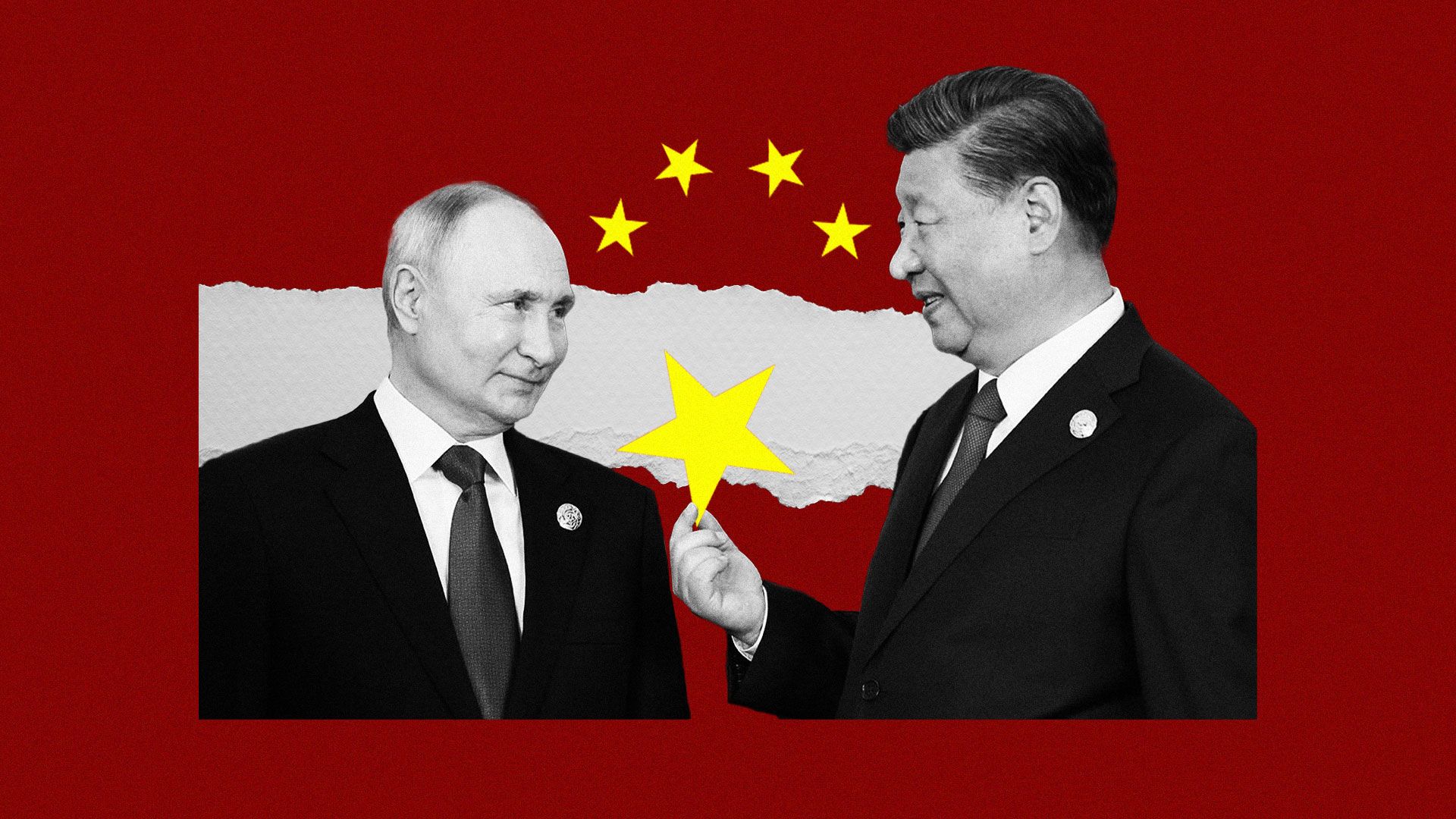 Сі Цзіньпін тримає зірку перед Путіним на тлі прапора Китаю
