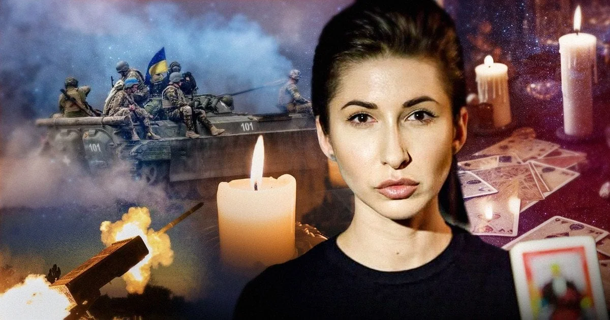 Тарологиня Яна Пасинкова с таро на фоне украинских военных, танка и свечей