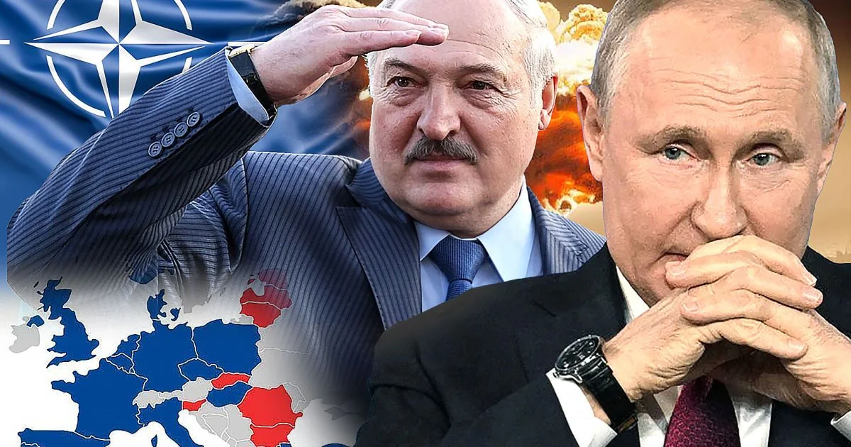 Лукашенко салютує на тлі прапора НАТО поруч із Путіним і ядерним вибухом