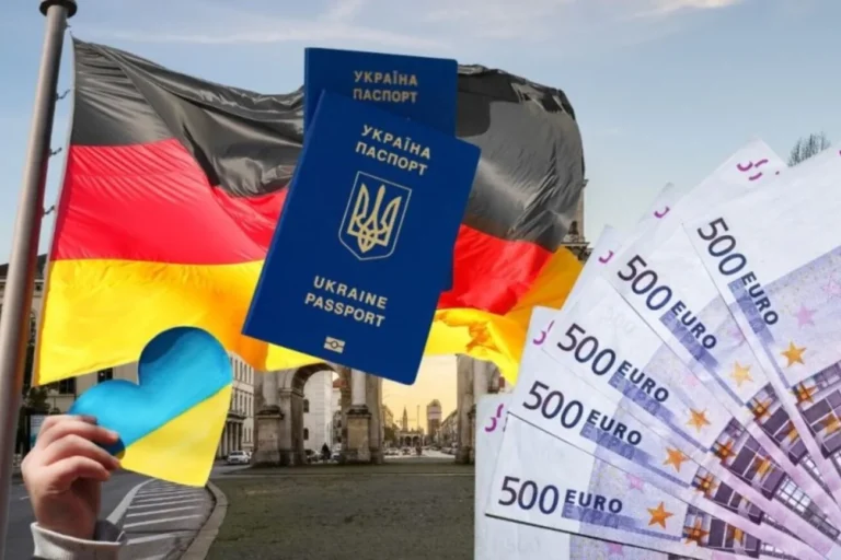 Украинский паспорт с купюрами 500 евро рядом с флагами Украины и Германии
