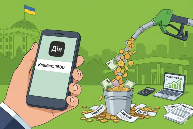 Топливный кэшбэк 1500 грн через Дія льётся с заправочной колонки в ведро денег