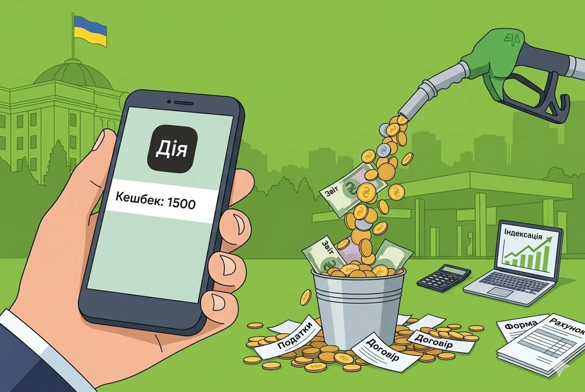 Паливний кешбек 1500 грн через Дія ллється з заправної колонки у відро грошей