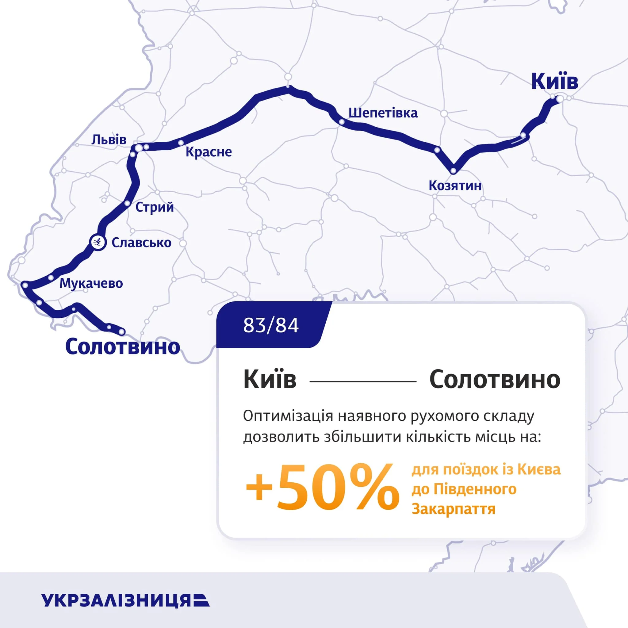 Маршрут поїздів Укрзалізниці Київ — Солотвино з оптимізацією місць на 50%