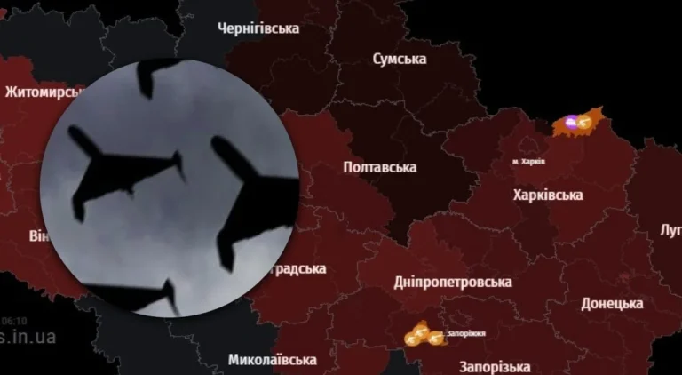 Карта України з Полтавською областю під час вибухів і тривоги, силуетами ракет над Полтавою