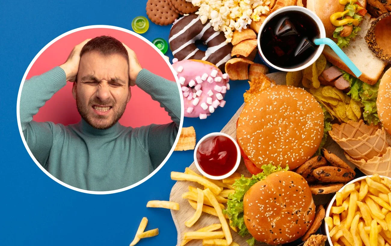 Мужчина в отчаянии от продуктов, ослабляющих иммунитет: сахар, бургеры, фри и газировка.