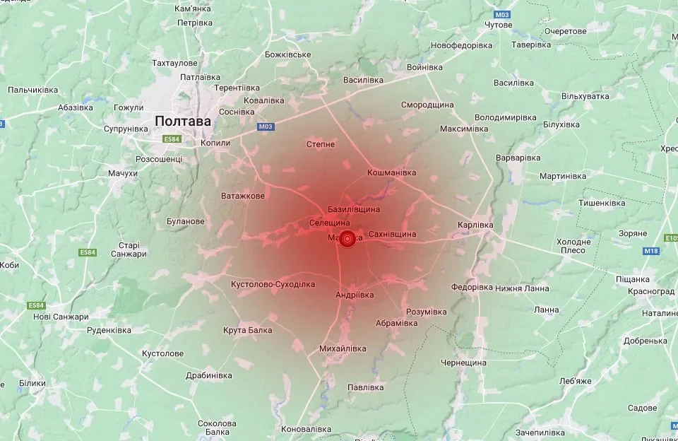 Мапа Полтавської області з епіцентром землетрусу магнітудою 2,6 біля Диканської громади