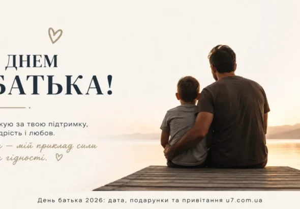 Батько з сином на пірсі святкують День батька 2026 з написом З Днем Батька!