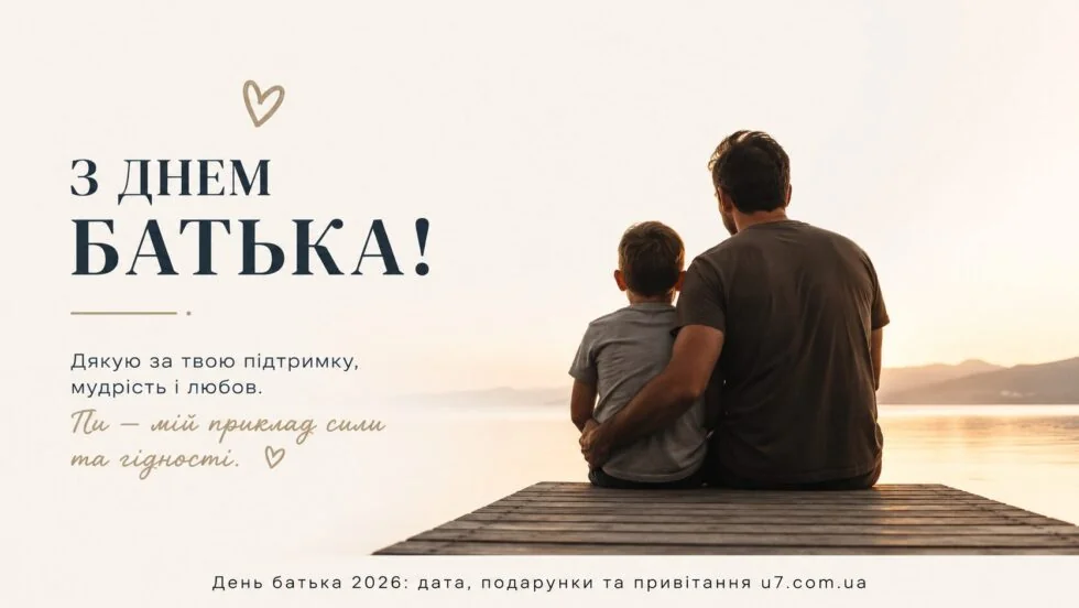 Батько з сином на пірсі святкують День батька 2026 з написом З Днем Батька!