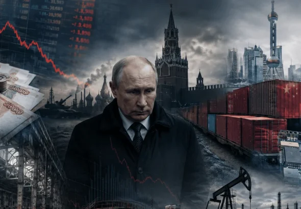 Володимир Путін на тлі падаючої економіки РФ та московських символів