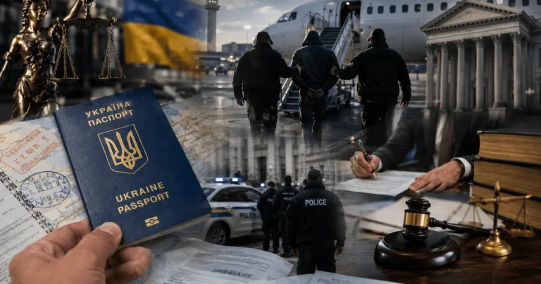 Экстрадиция украинцев в наручниках до самолета с паспортом и символами правосудия