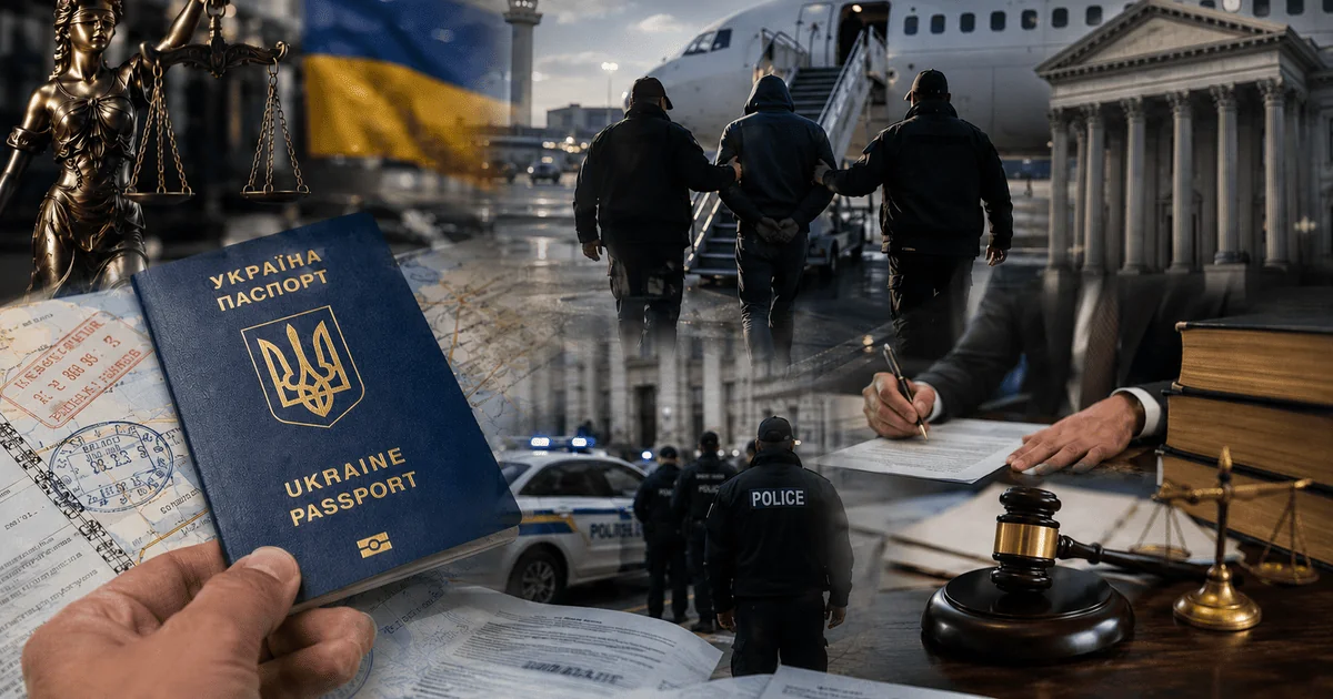 Экстрадиция украинцев в наручниках до самолета с паспортом и символами правосудия