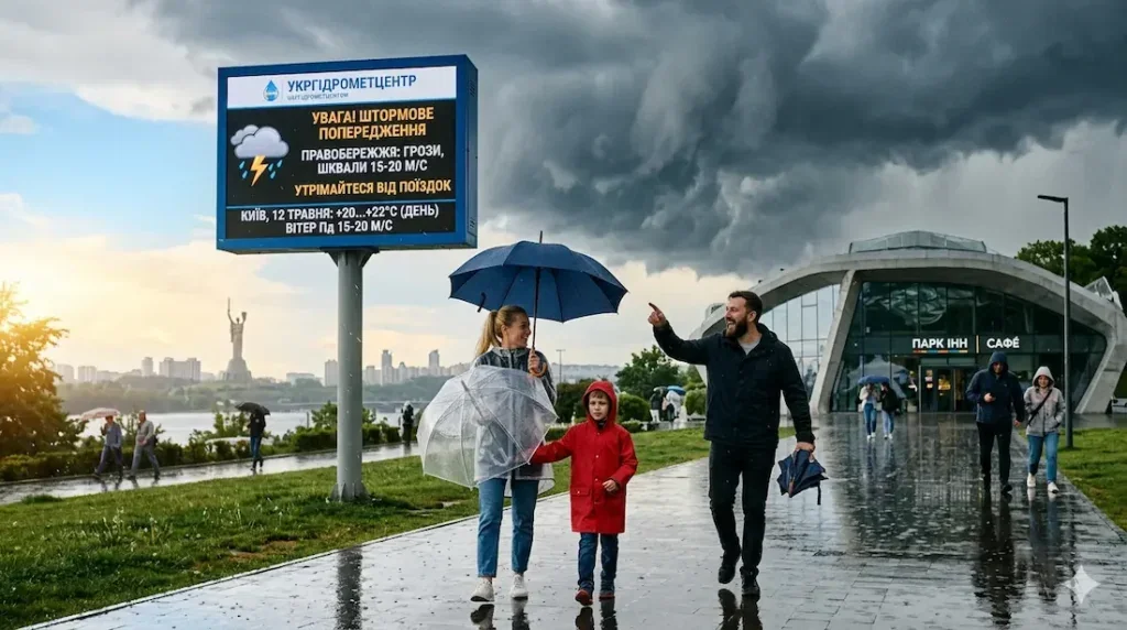 Табло Укргідрометцентру з попередженням про негоду в Київській області