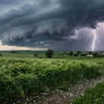 Гроза з блискавкою над полями України під час негоди
