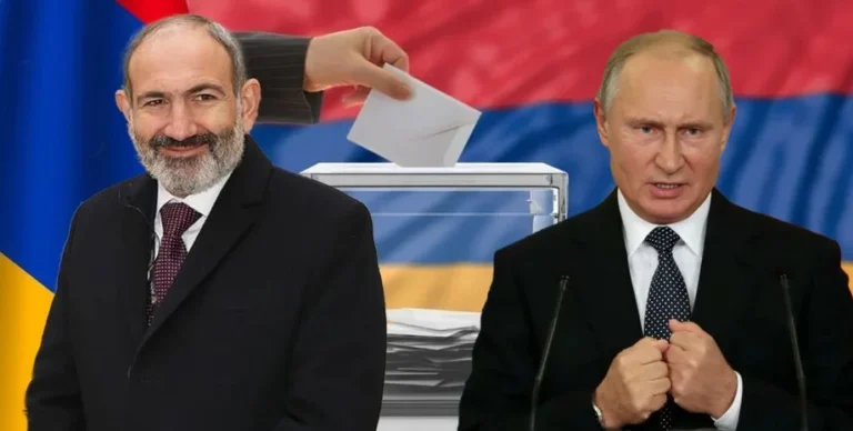Победа Пашиняна разозлила Кремль: обвинения в фальсификациях Никол Пашинян и Владимир Путин возле избирательной урны на фоне флагов Армении и России