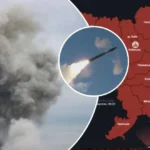 Карта України з ракетним ударом по Запоріжжю та хмарою диму